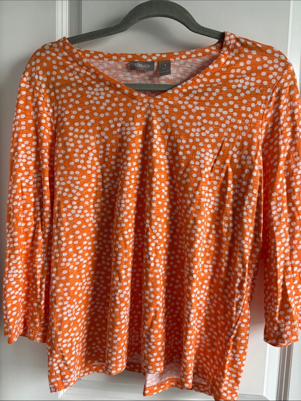 Chico's Orange and White Dot V-Neck Long Sleeve Top